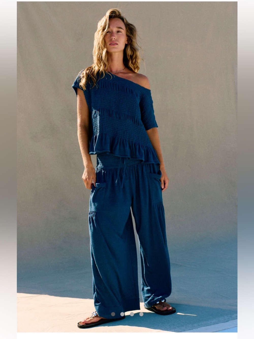 Free People Navy Blue Smocked Off-Shoulder Top & Wide Leg Pants Set